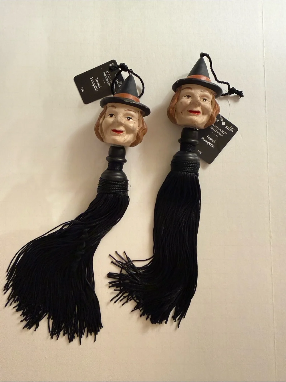 9.5” Black Witch Tassel Ornaments Halloween Vintage Spirits by Ashland set of 2